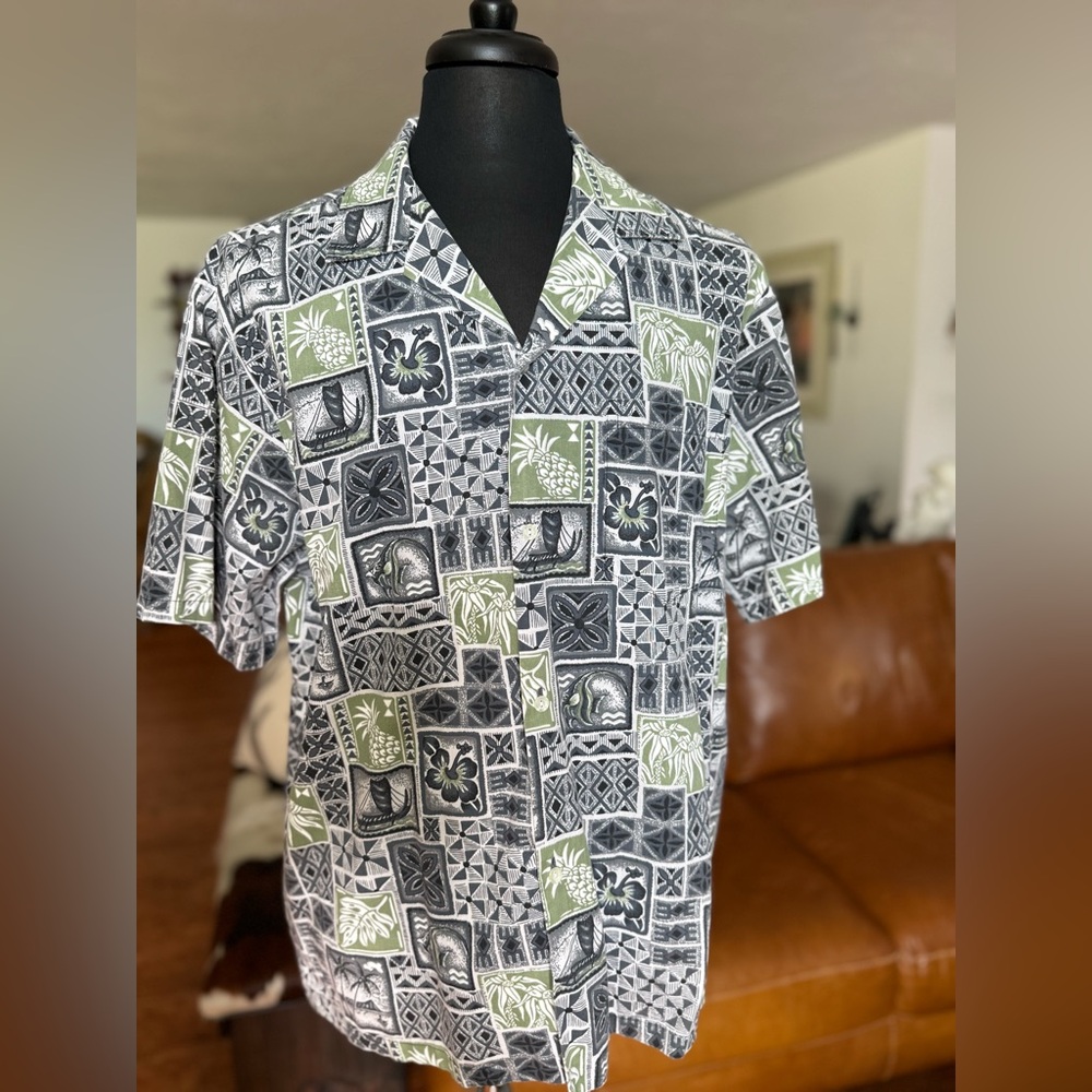 🌺 Hana Fashion Men's Geometric Print Hawaiian Shirt - Green and Gray